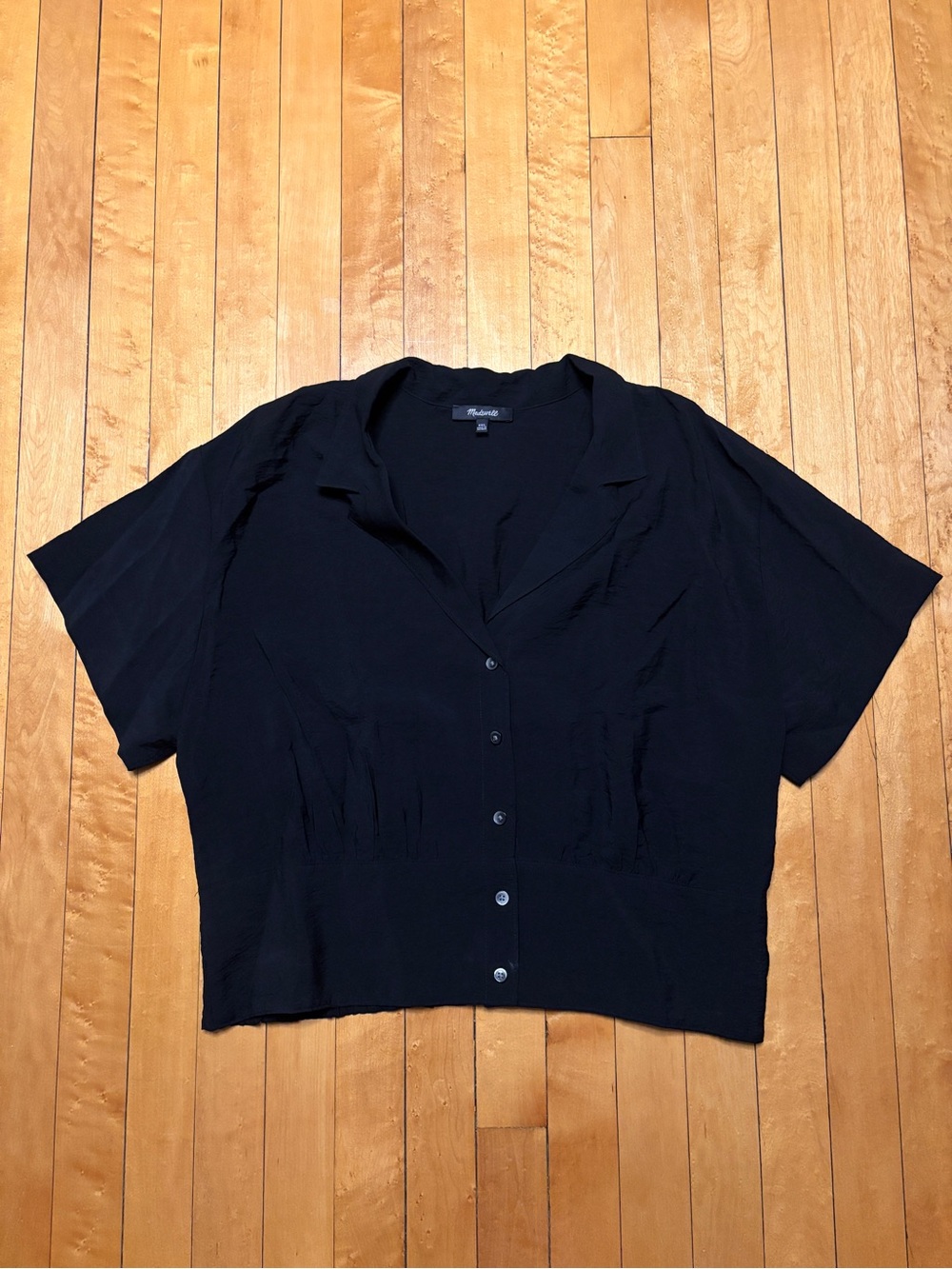 EUC Madewell Drapey Banded Bottom Short-Sleeve Button-Up Black Top | Women’s XXL